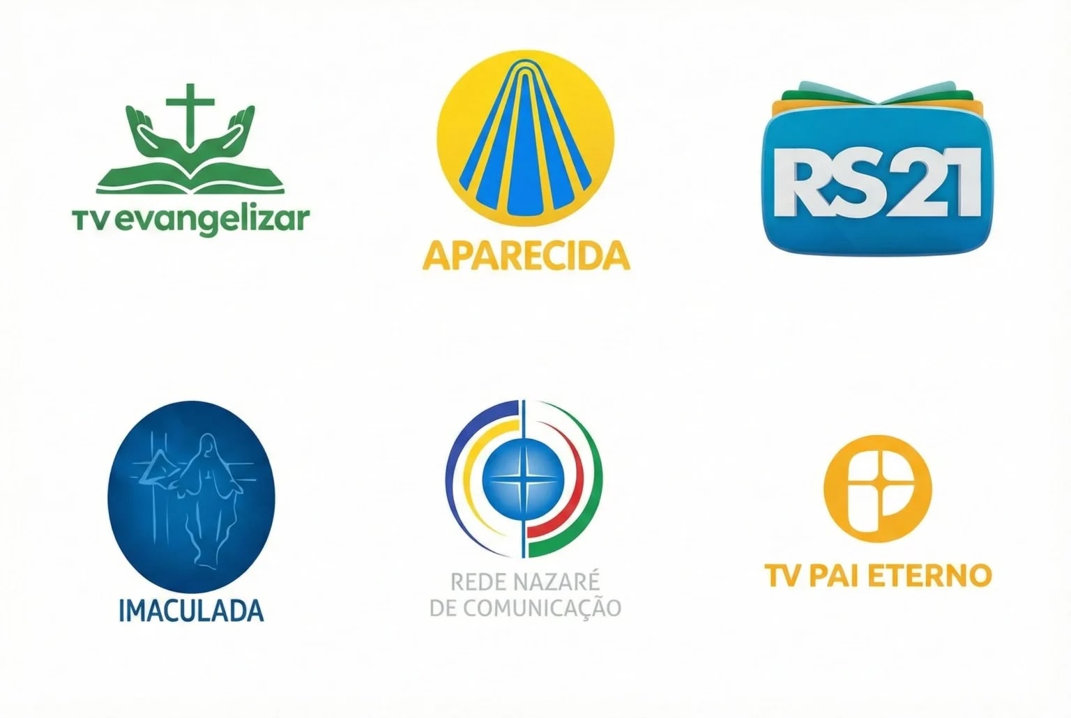 Logos de emissoras católicas: TV Evangelizar, TV Aparecida, RS21, Imaculada, Rede Nazaré, TV Pai Eterno